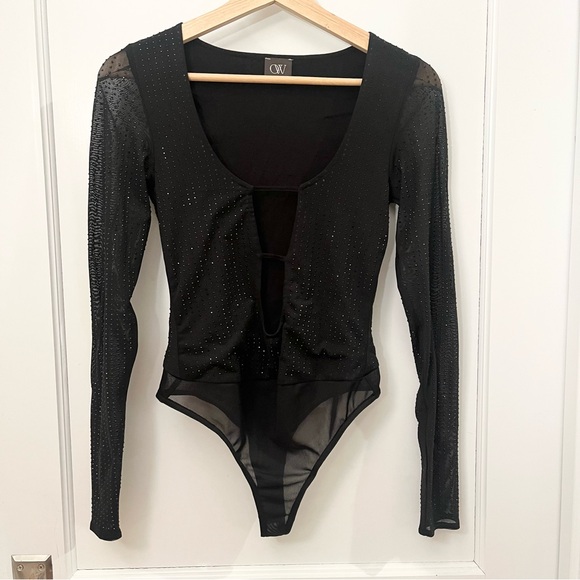 OW Collection Tops - OW Collection Black Sparkly Rhinestone Studded Mesh Cutout Bodysuit